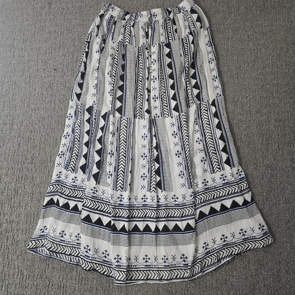 Gypsy Blu Boho Maxi Skirt Women's Large Blue White Border Print Rayon Festival